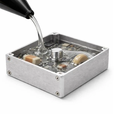 Clear flexible epoxy potting compound gently encapsulating electronic components inside an aluminum enclosure, designed to absorb stress and protect sensitive circuitry.